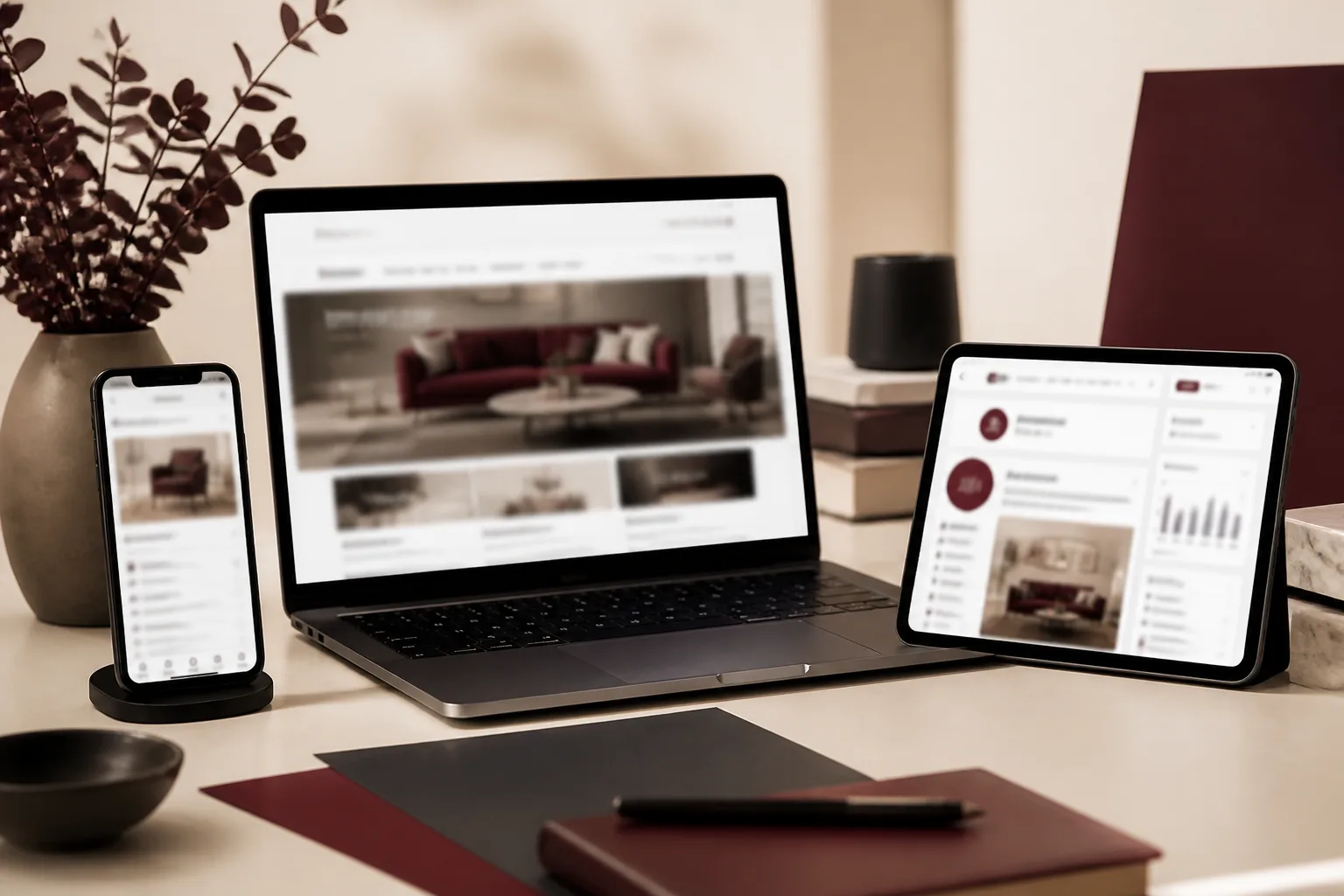 Website und digitale Marketingkanäle auf Laptop, Smartphone und Tablet
