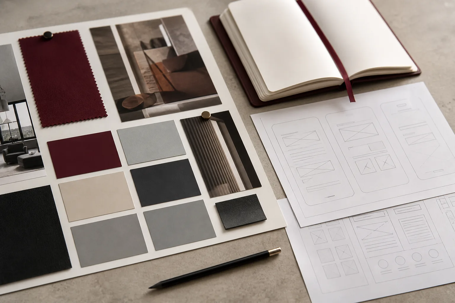 Entwurf von Website-Seiten neben einem Moodboard mit Farben und Materialien