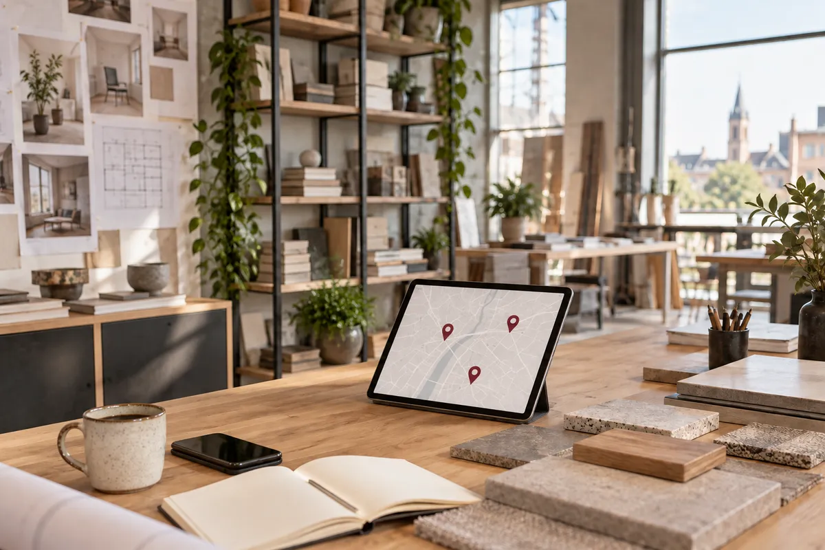 Karte mit lokalen Standorten auf einem Tablet im Studio