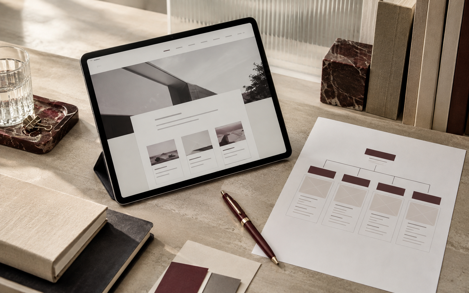 Planung einer kleinen Unternehmenswebsite auf Tablet und Sitemap